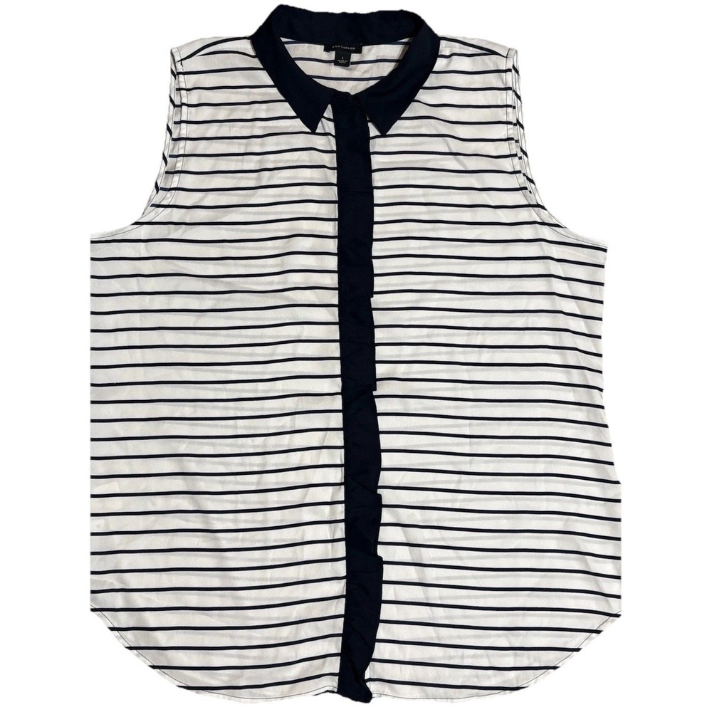 Ann Taylor Sleeveless Blouse, Top White/Deep Blue-Black Stripe, Collar, Large